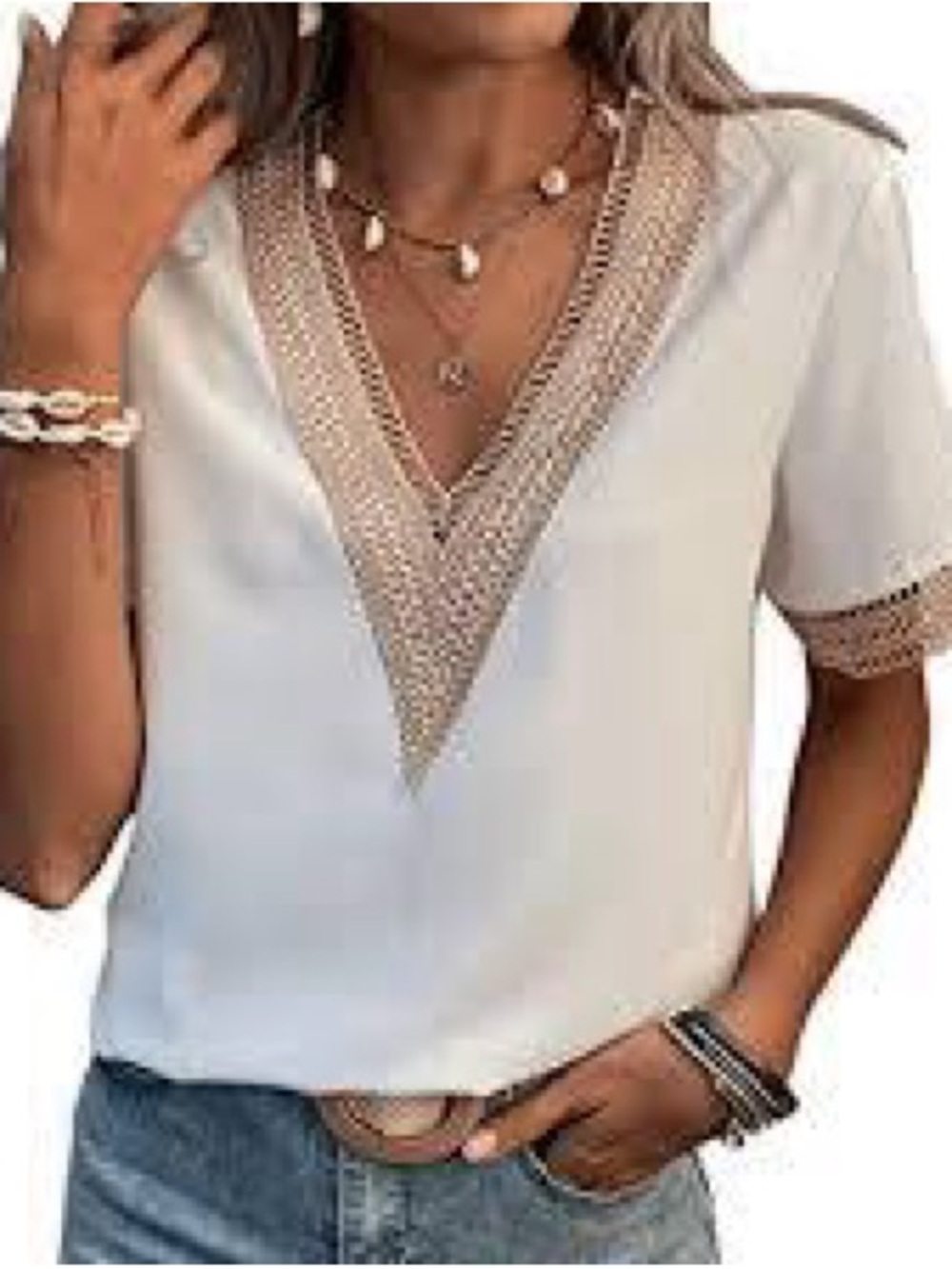 SHEIN White Blouse Top with Beige Crochet V-Neck